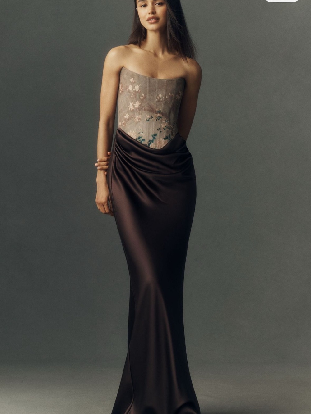 Strapless Satin Gown with Embroidered Corset in Brown and Beige